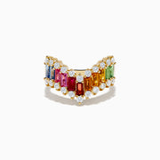 The 14K Yellow Gold Multi Color Sapphire and Diamond Contoured Band Ring showcases sapphire baguettes in various colors bordered by small round diamonds, all set in a chevron shape against a white background.