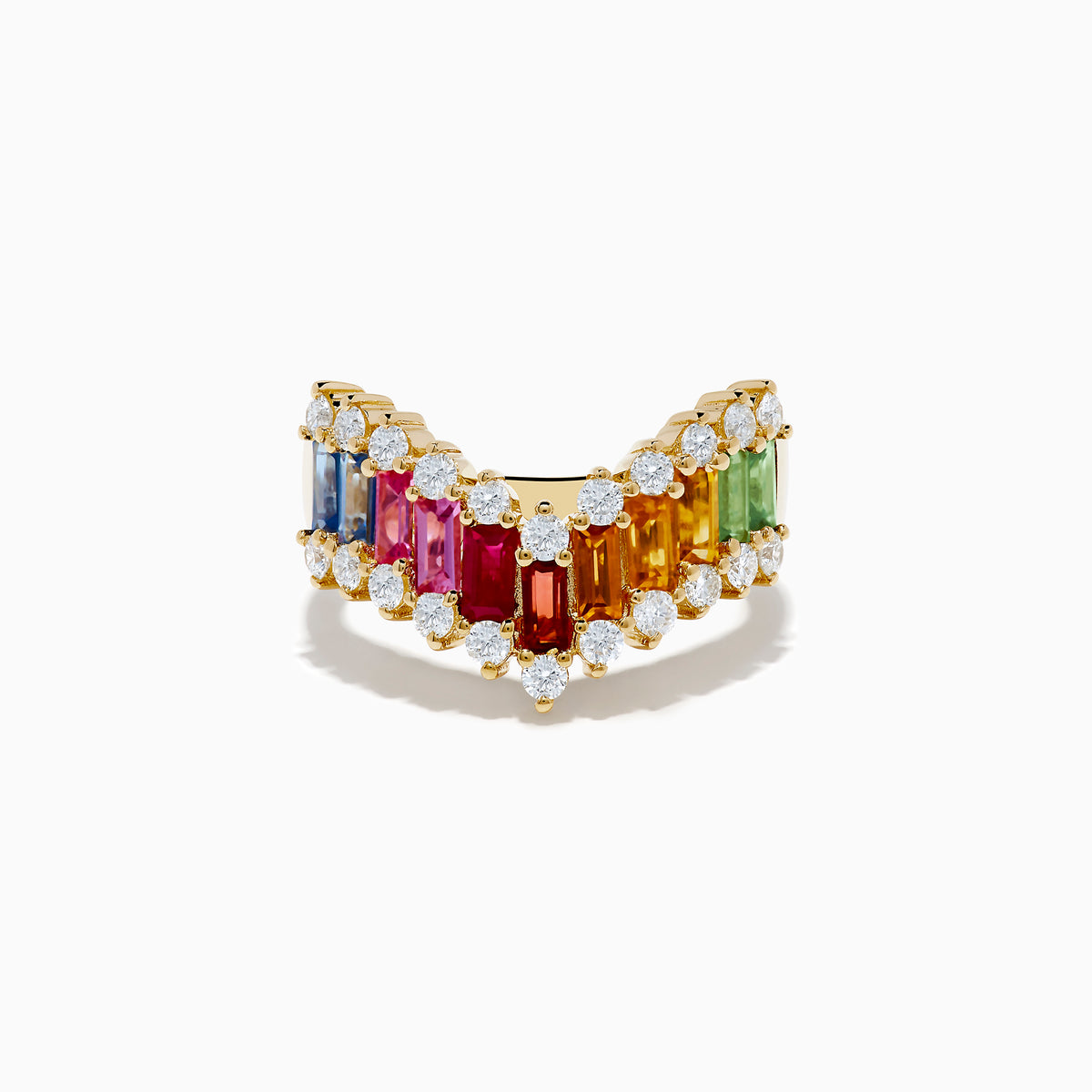 The 14K Yellow Gold Multi Color Sapphire and Diamond Contoured Band Ring showcases sapphire baguettes in various colors bordered by small round diamonds, all set in a chevron shape against a white background.