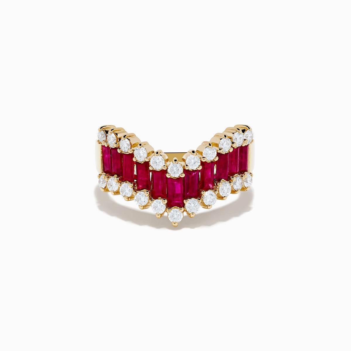 The 14K Yellow Gold Ruby and Diamond Chevron Ring features a V-shaped design with alternating rectangular rubies and round white diamonds, set against a plain white background.
