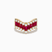 The 14K Yellow Gold Ruby and Diamond Chevron Ring features a V-shaped design with alternating rectangular rubies and round white diamonds, set against a plain white background.