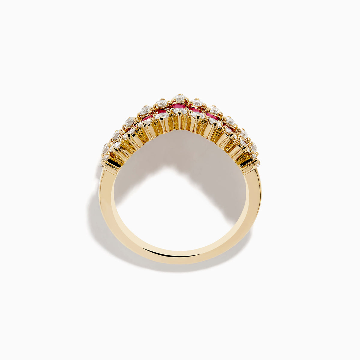 The 14K Yellow Gold Ruby and Diamond Chevron Ring features a V-shaped design with alternating rectangular rubies and round white diamonds, set against a plain white background.