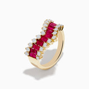 The 14K Yellow Gold Ruby and Diamond Chevron Ring features a V-shaped design with alternating rectangular rubies and round white diamonds, set against a plain white background.