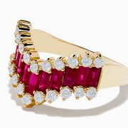 The 14K Yellow Gold Ruby and Diamond Chevron Ring features a V-shaped design with alternating rectangular rubies and round white diamonds, set against a plain white background.
