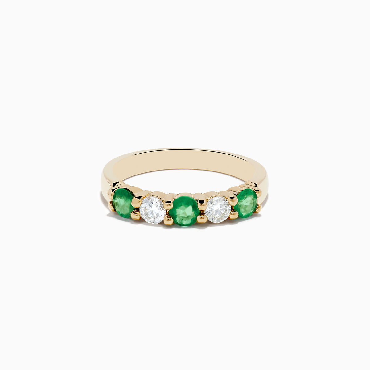 The Brasilica 14K Yellow Gold Emerald and Diamond Band Ring features alternating round emeralds and clear diamonds set in a row on the gold band.