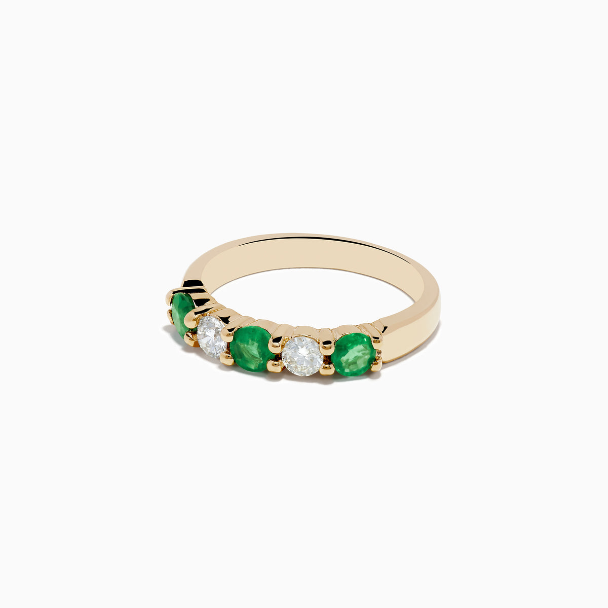 The Brasilica 14K Yellow Gold Emerald and Diamond Band Ring features alternating round emeralds and clear diamonds set in a row on the gold band.