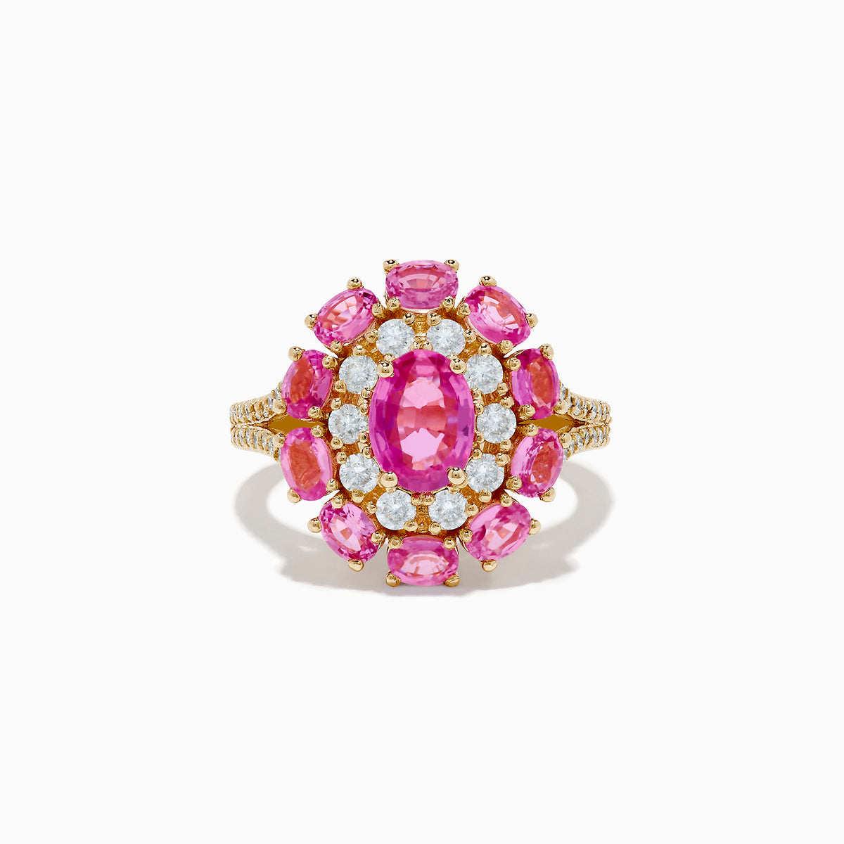 The 14K Yellow Gold Pink Sapphire and Diamond Ring features a large oval pink sapphire center, haloed by round diamonds and pink gemstones, with intricate band detailing.
