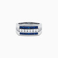The Men's 14K White Gold Blue Sapphire and Diamond Channel Set Ring showcases a central row of round white diamonds bordered by two rows of square blue sapphires in a sleek, symmetrical design.