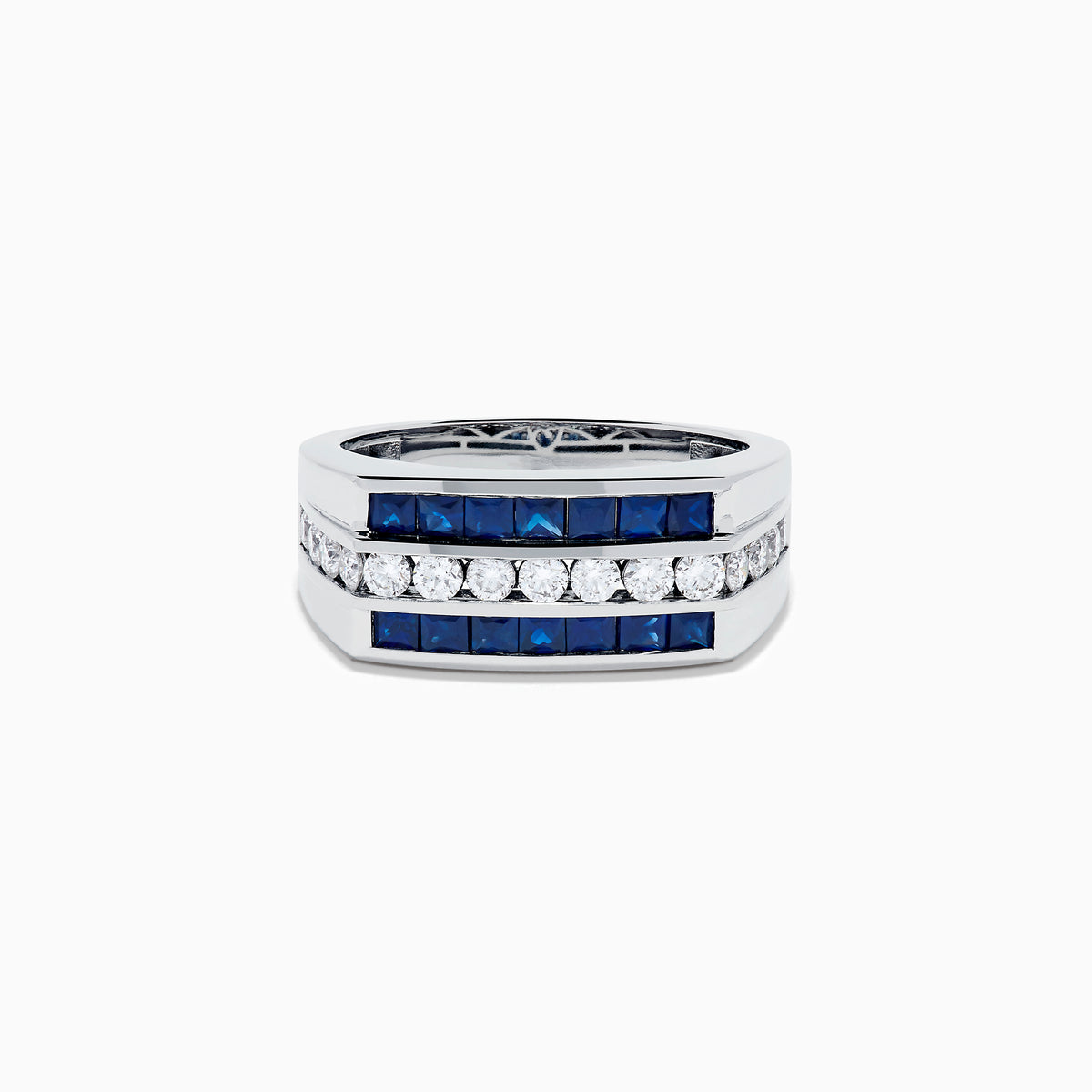 The Men's 14K White Gold Blue Sapphire and Diamond Channel Set Ring showcases a central row of round white diamonds bordered by two rows of square blue sapphires in a sleek, symmetrical design.