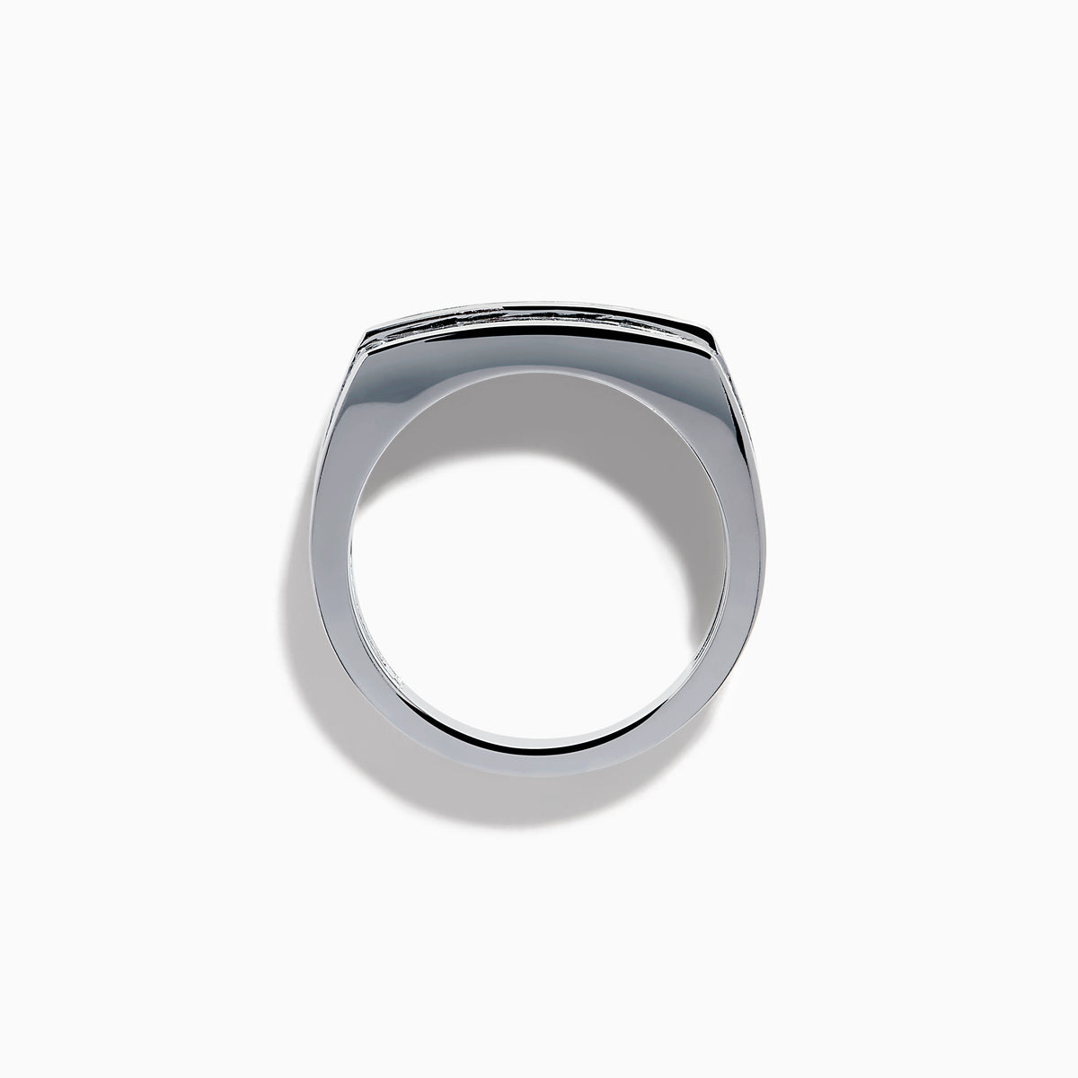 The Men's 14K White Gold Blue Sapphire and Diamond Channel Set Ring showcases a central row of round white diamonds bordered by two rows of square blue sapphires in a sleek, symmetrical design.