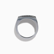 The Men's 14K White Gold Blue Sapphire and Diamond Channel Set Ring showcases a central row of round white diamonds bordered by two rows of square blue sapphires in a sleek, symmetrical design.