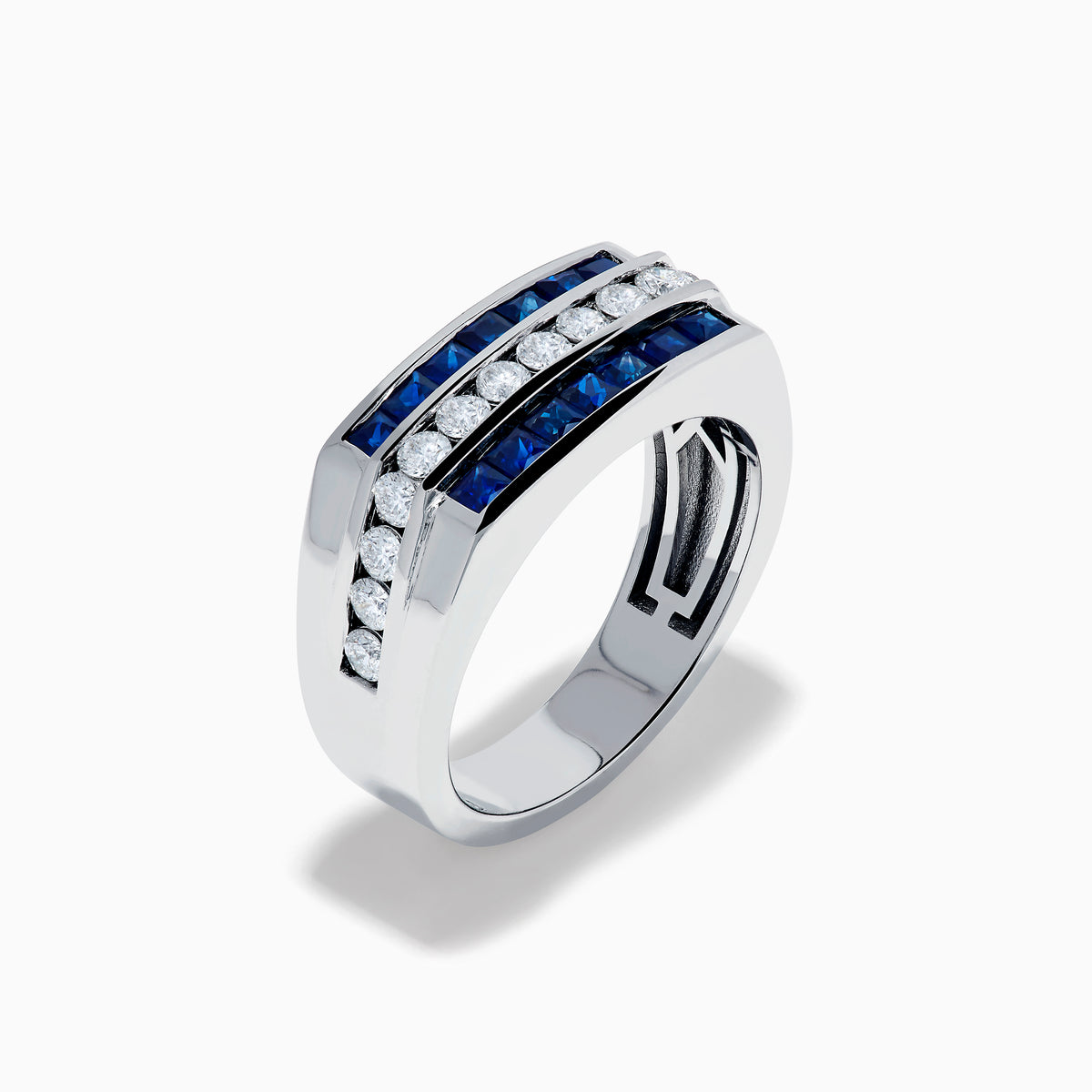 The Men's 14K White Gold Blue Sapphire and Diamond Channel Set Ring showcases a central row of round white diamonds bordered by two rows of square blue sapphires in a sleek, symmetrical design.