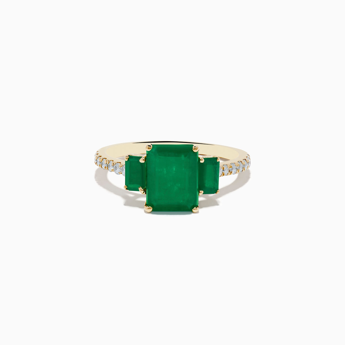 The Brasilica 14K Yellow Gold Emerald and Diamond Ring showcases a large rectangular emerald center, two smaller side emeralds, and diamond accents on the band.
