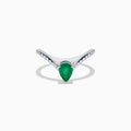 The Brasilica 14K White Gold Emerald and Diamond Ring has a pear-shaped green emerald center and sparkling round diamonds on a V-shaped band, shown on a plain white background.