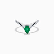 The Brasilica 14K White Gold Emerald and Diamond Ring has a pear-shaped green emerald center and sparkling round diamonds on a V-shaped band, shown on a plain white background.