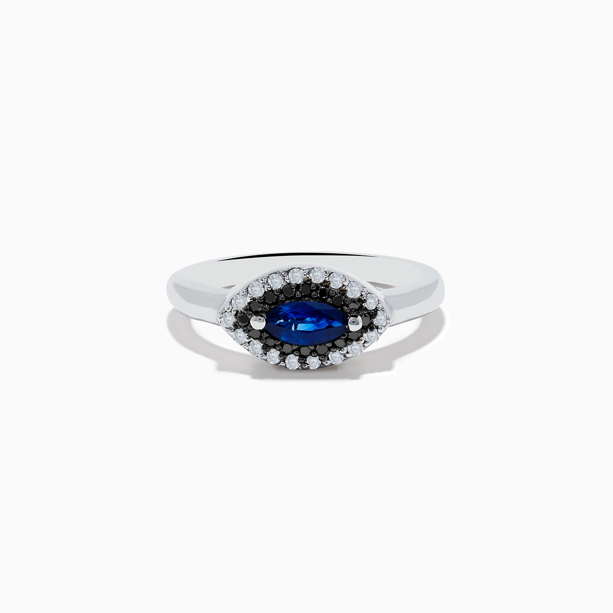 The Royal Bleu 14K White Gold Sapphire and Diamond Ring features a marquise-cut sapphire center, embraced by a halo of sparkling diamonds on a sleek white gold band.