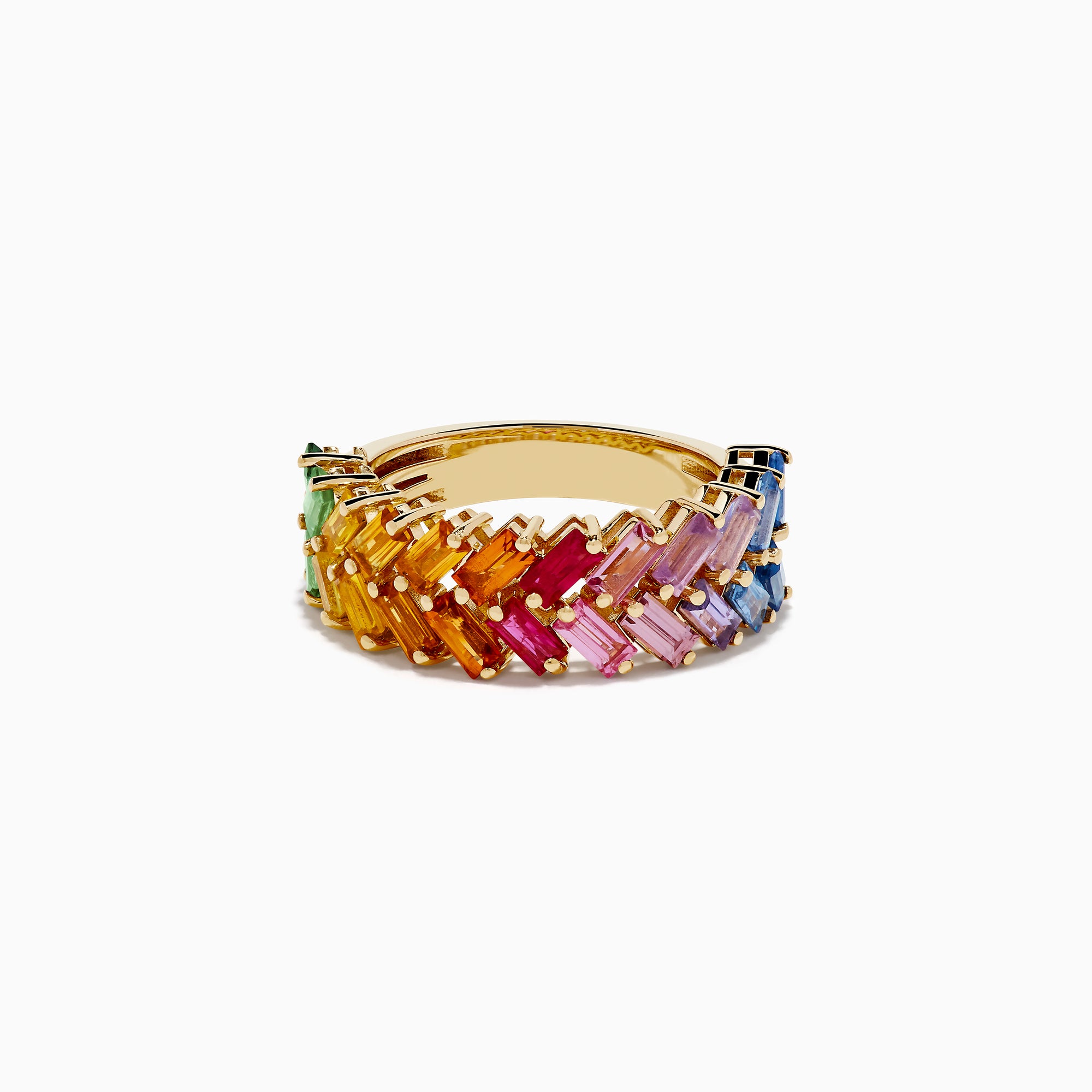 The Watercolors 14K Yellow Gold Multi Sapphire Two Row Baguette Band features a zigzag design with sapphires in a rainbow gradient of green, yellow, orange, red, pink, and blue.