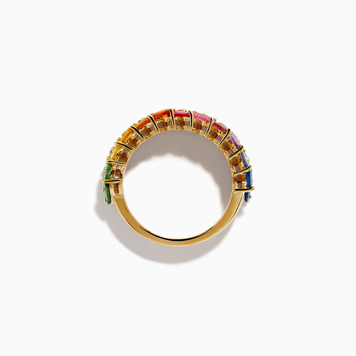 The Watercolors 14K Yellow Gold Multi Sapphire Two Row Baguette Band features a zigzag design with sapphires in a rainbow gradient of green, yellow, orange, red, pink, and blue.