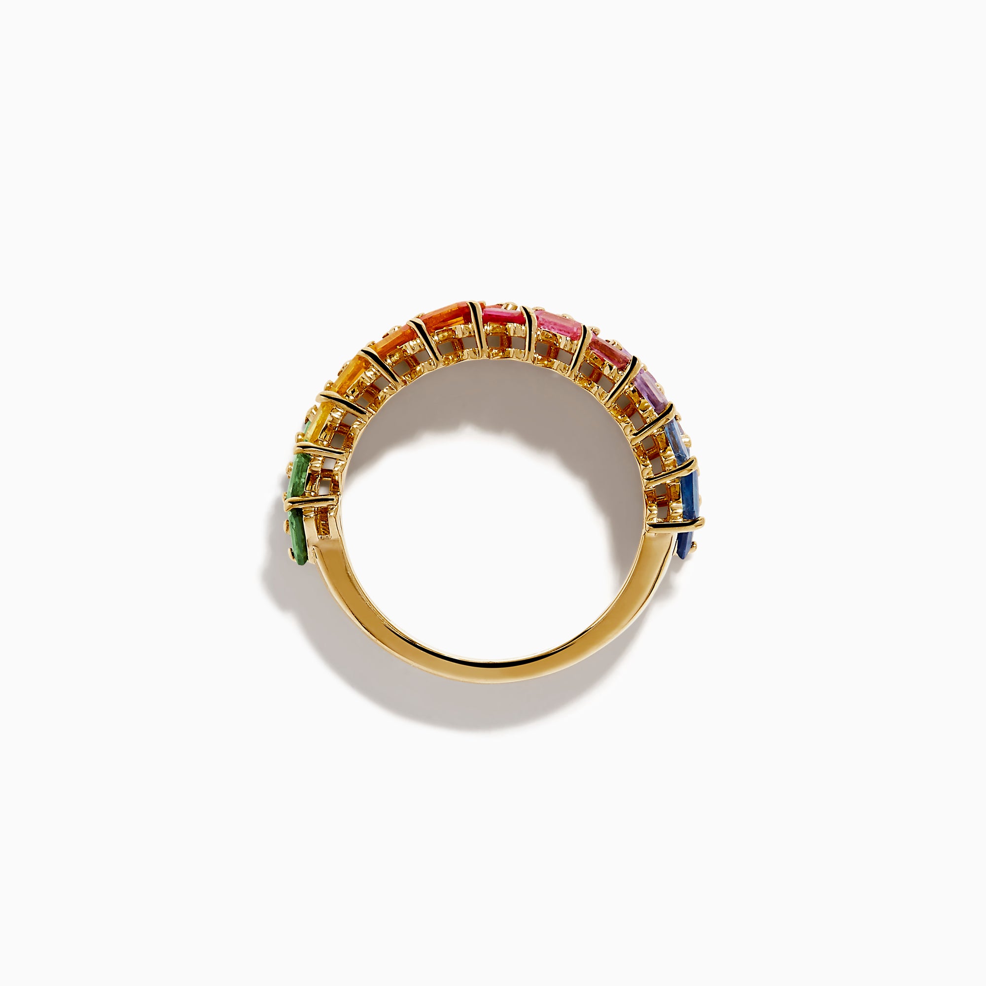 The Watercolors 14K Yellow Gold Multi Sapphire Two Row Baguette Band features a zigzag design with sapphires in a rainbow gradient of green, yellow, orange, red, pink, and blue.
