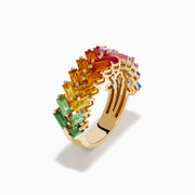 The Watercolors 14K Yellow Gold Multi Sapphire Two Row Baguette Band features a zigzag design with sapphires in a rainbow gradient of green, yellow, orange, red, pink, and blue.