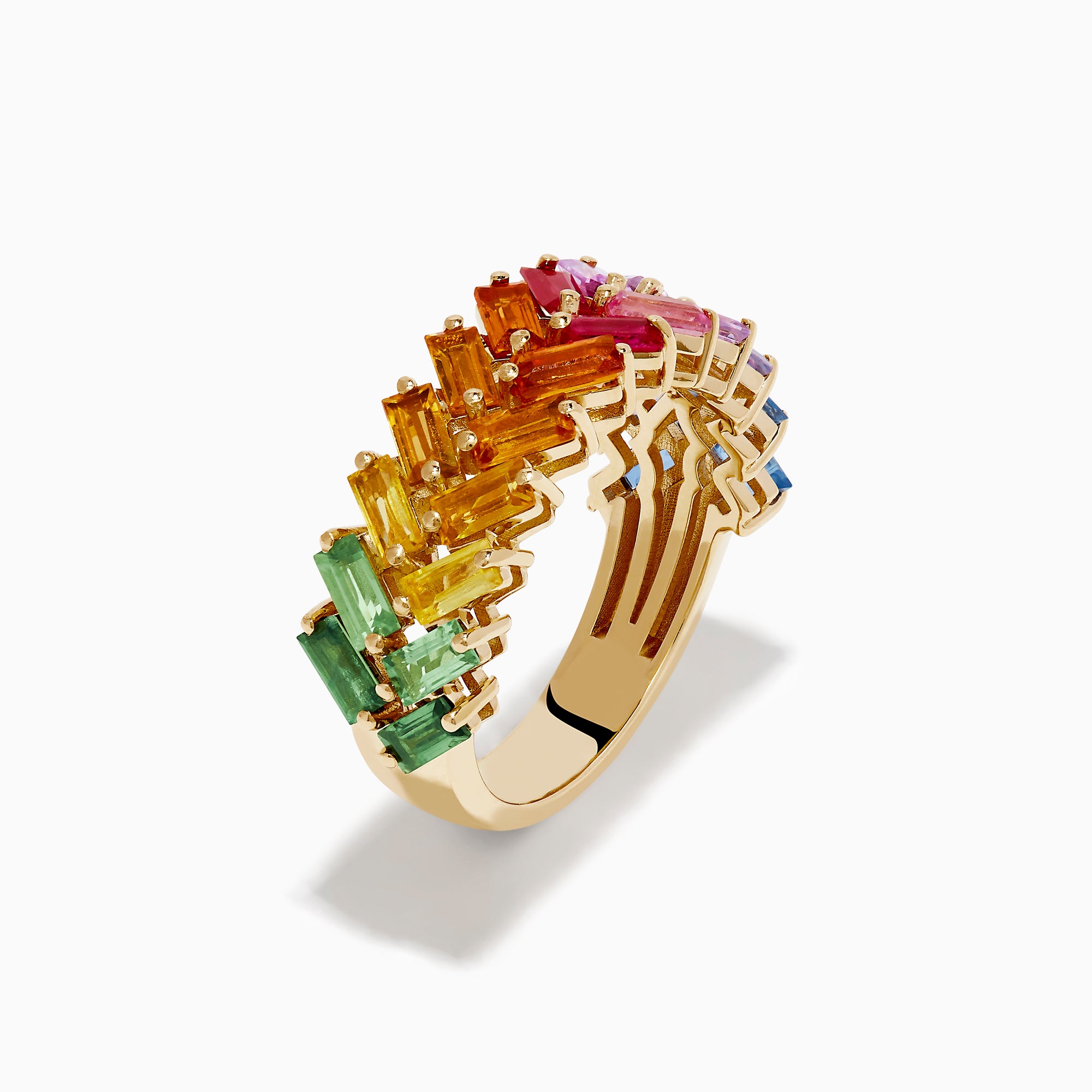 The Watercolors 14K Yellow Gold Multi Sapphire Two Row Baguette Band features a zigzag design with sapphires in a rainbow gradient of green, yellow, orange, red, pink, and blue.