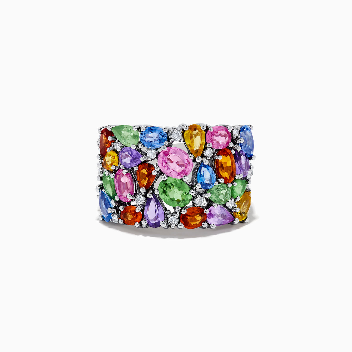 The Watercolors 14K White Gold Multi Sapphire and Diamond Ring features a wide band adorned with vibrant, closely set sapphires in various colors, shapes, and sizes alongside sparkling diamonds for a colorful, eye-catching design.