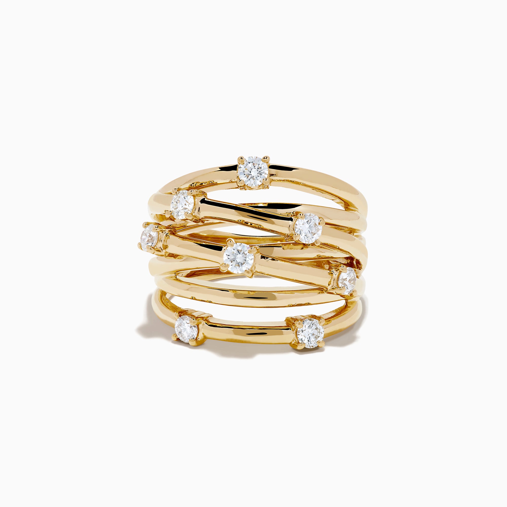 The D'Oro 14K Yellow Gold Diamond Wide Band Ring with overlapping bands set with round diamonds is displayed against a plain white background.