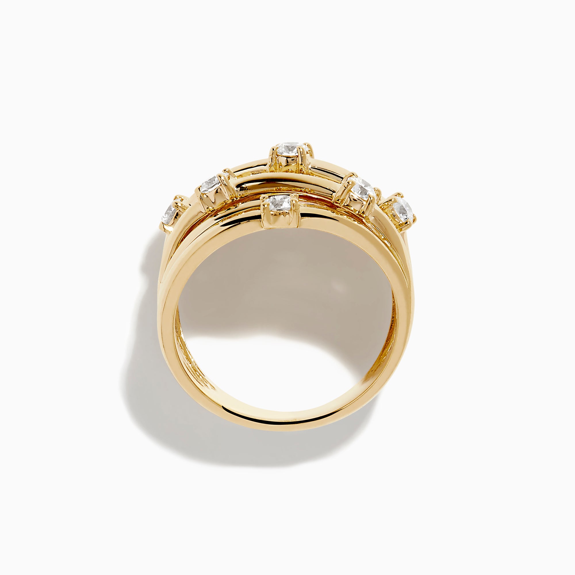 The D'Oro 14K Yellow Gold Diamond Wide Band Ring with overlapping bands set with round diamonds is displayed against a plain white background.