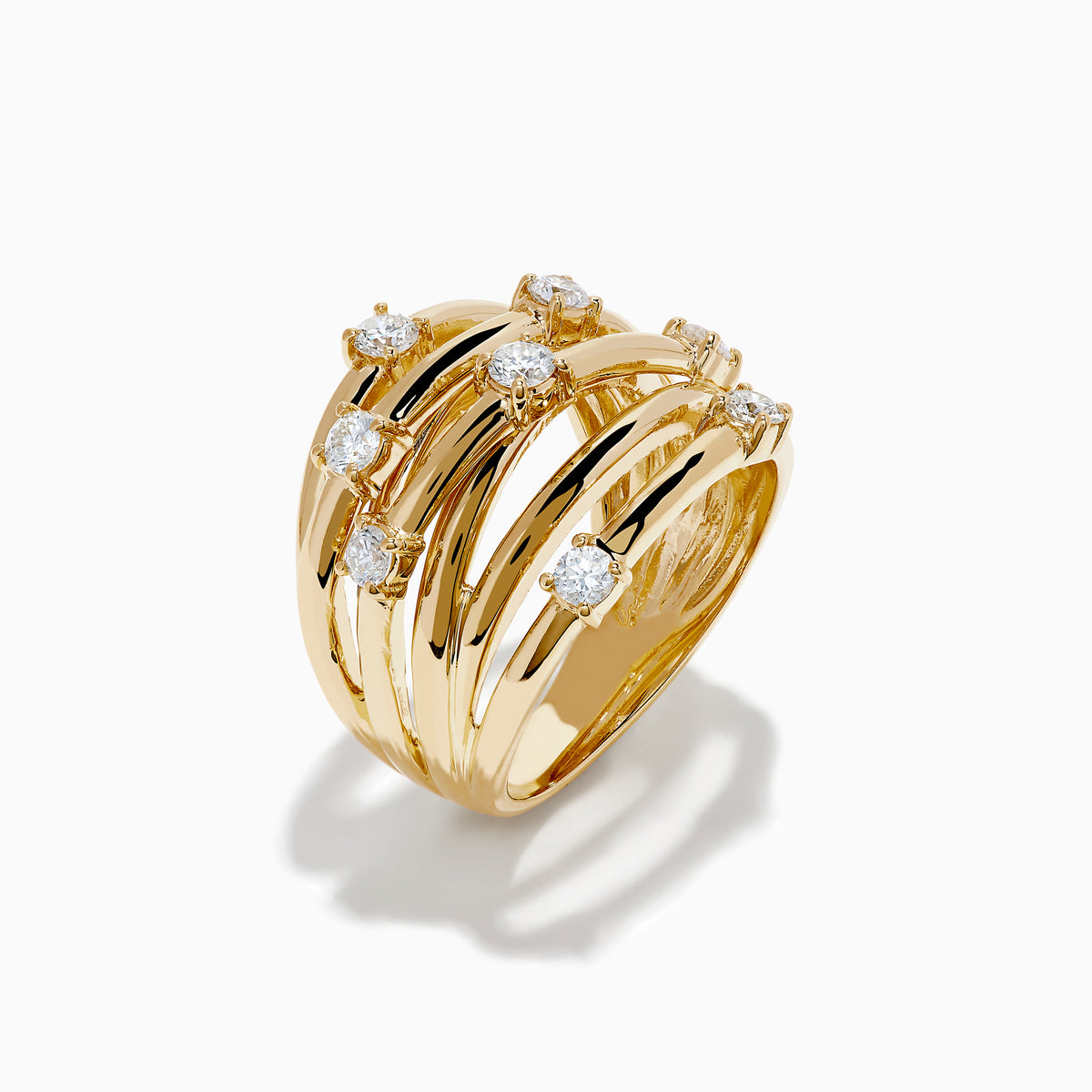The D'Oro 14K Yellow Gold Diamond Wide Band Ring with overlapping bands set with round diamonds is displayed against a plain white background.