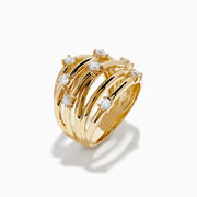 The D'Oro 14K Yellow Gold Diamond Wide Band Ring with overlapping bands set with round diamonds is displayed against a plain white background.