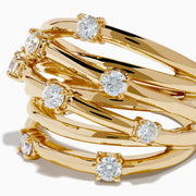The D'Oro 14K Yellow Gold Diamond Wide Band Ring with overlapping bands set with round diamonds is displayed against a plain white background.