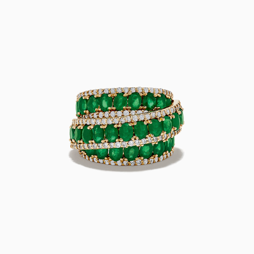 The Limited Edition 14K Yellow Gold Emerald and Diamond Cocktail Ring (7.14 TCW) features three rows of oval emeralds, elegantly bordered and interspersed with sparkling white diamonds, shown on a white background.