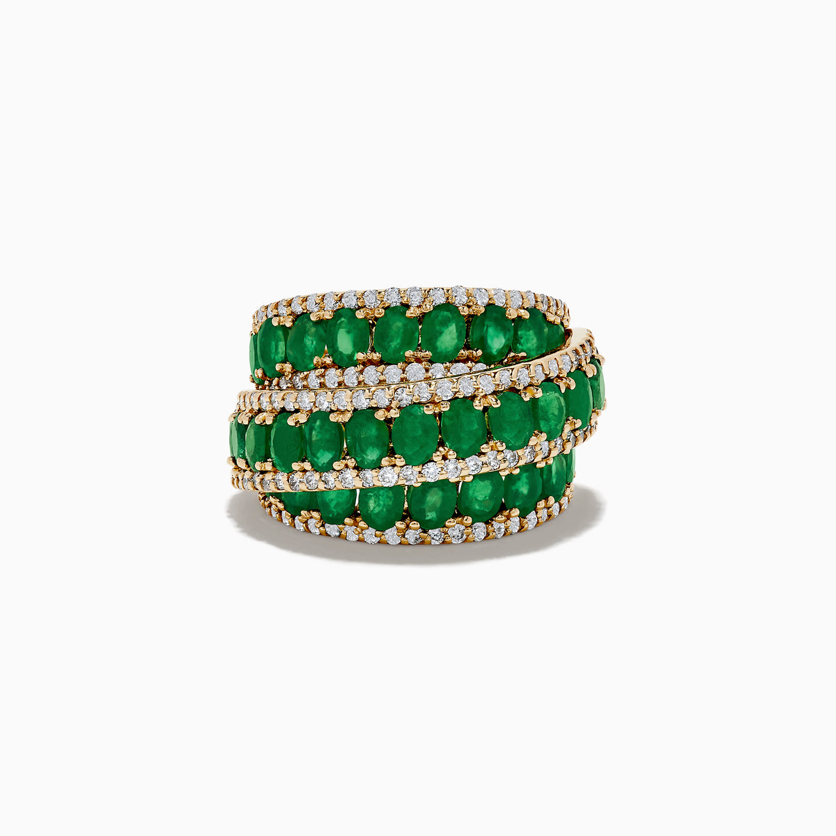 The Limited Edition 14K Yellow Gold Emerald and Diamond Cocktail Ring (7.14 TCW) features three rows of oval emeralds, elegantly bordered and interspersed with sparkling white diamonds, shown on a white background.