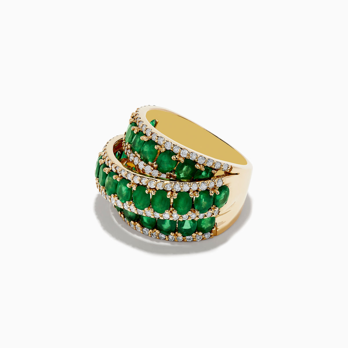 The Limited Edition 14K Yellow Gold Emerald and Diamond Cocktail Ring (7.14 TCW) features three rows of oval emeralds, elegantly bordered and interspersed with sparkling white diamonds, shown on a white background.