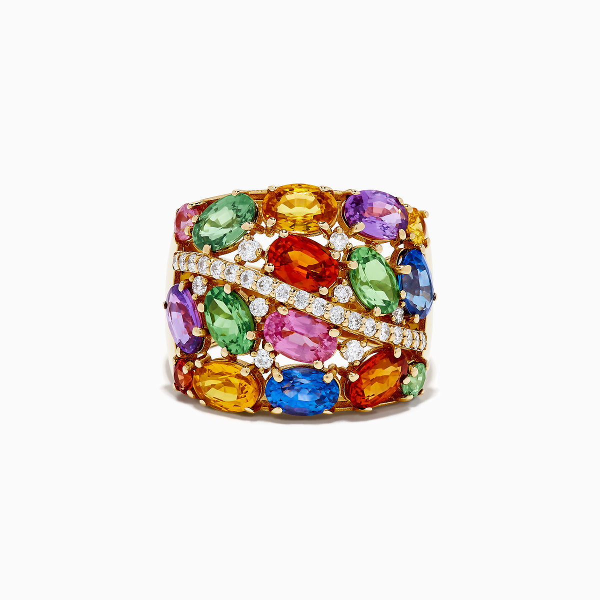 Introducing the 14K Yellow Gold Multi Sapphire and Diamond Statement Ring: This bold ring showcases a wide band of 14K yellow gold, highlighted by luminous oval sapphires in green, orange, pink, blue, and purple. A diagonal row of sparkling white diamonds crosses the center, creating a dazzling focal point that makes this sapphire ring an eye-catching and colorful addition to any jewelry collection.