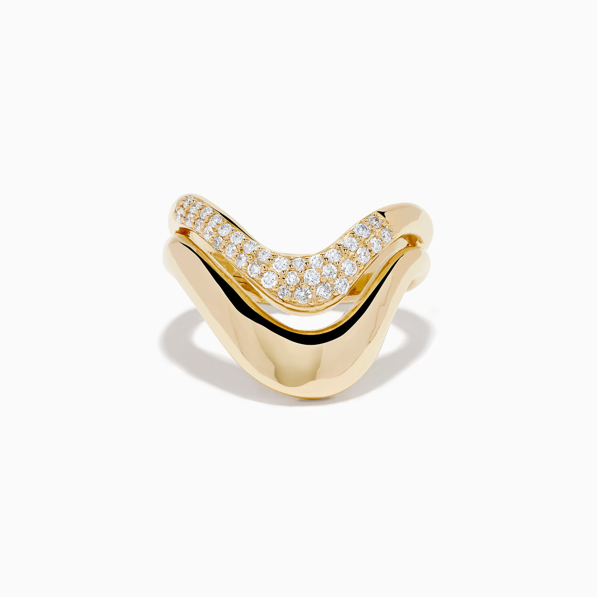 The 14K Yellow Gold Diamond Sculptural Ribbon Ring features a wavy V-shaped design with a sparkling diamond ribbon band above a polished gold band, creating an elegant two-layer look.
