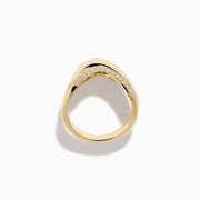 The 14K Yellow Gold Diamond Sculptural Ribbon Ring features a wavy V-shaped design with a sparkling diamond ribbon band above a polished gold band, creating an elegant two-layer look.