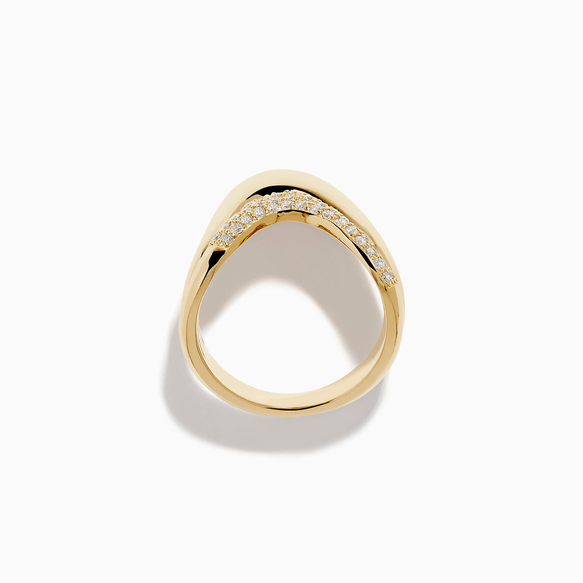 The 14K Yellow Gold Diamond Sculptural Ribbon Ring features a wavy V-shaped design with a sparkling diamond ribbon band above a polished gold band, creating an elegant two-layer look.