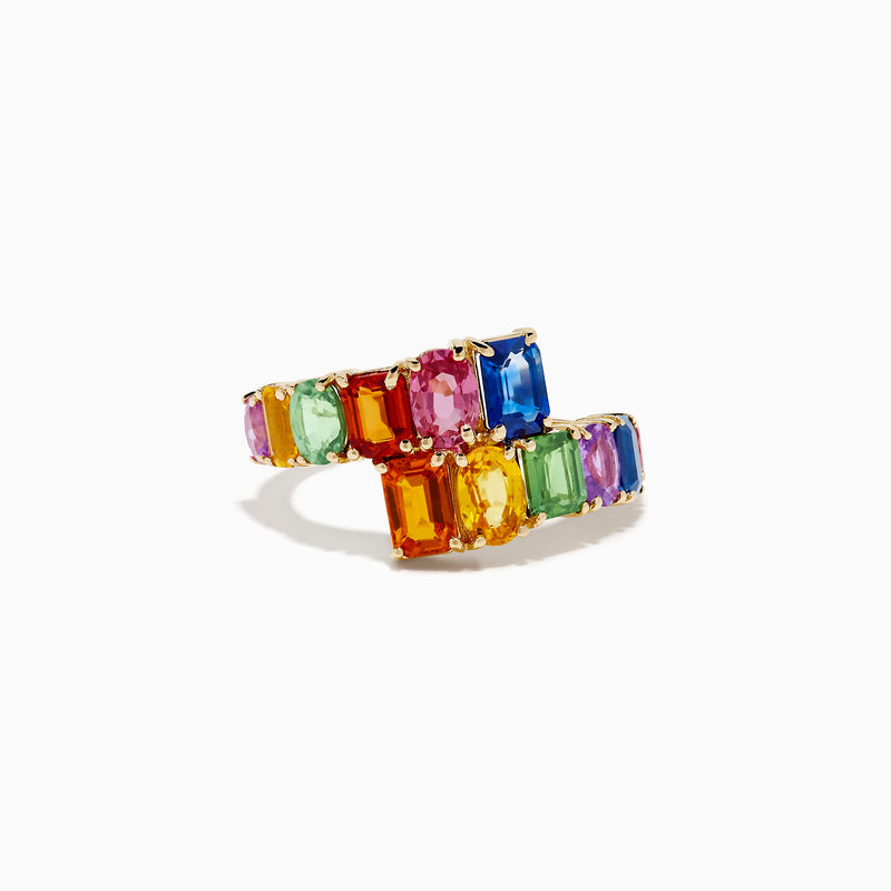 The Watercolors 14K Yellow Gold Multi Sapphire Bypass Ring showcases two rows of vibrant, rectangular sapphires—green, pink, blue, orange, yellow, and purple—in a staggered open-ended design.