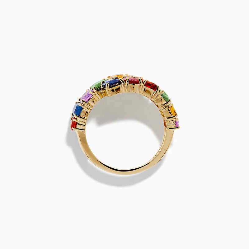 The Watercolors 14K Yellow Gold Multi Sapphire Bypass Ring showcases two rows of vibrant, rectangular sapphires—green, pink, blue, orange, yellow, and purple—in a staggered open-ended design.