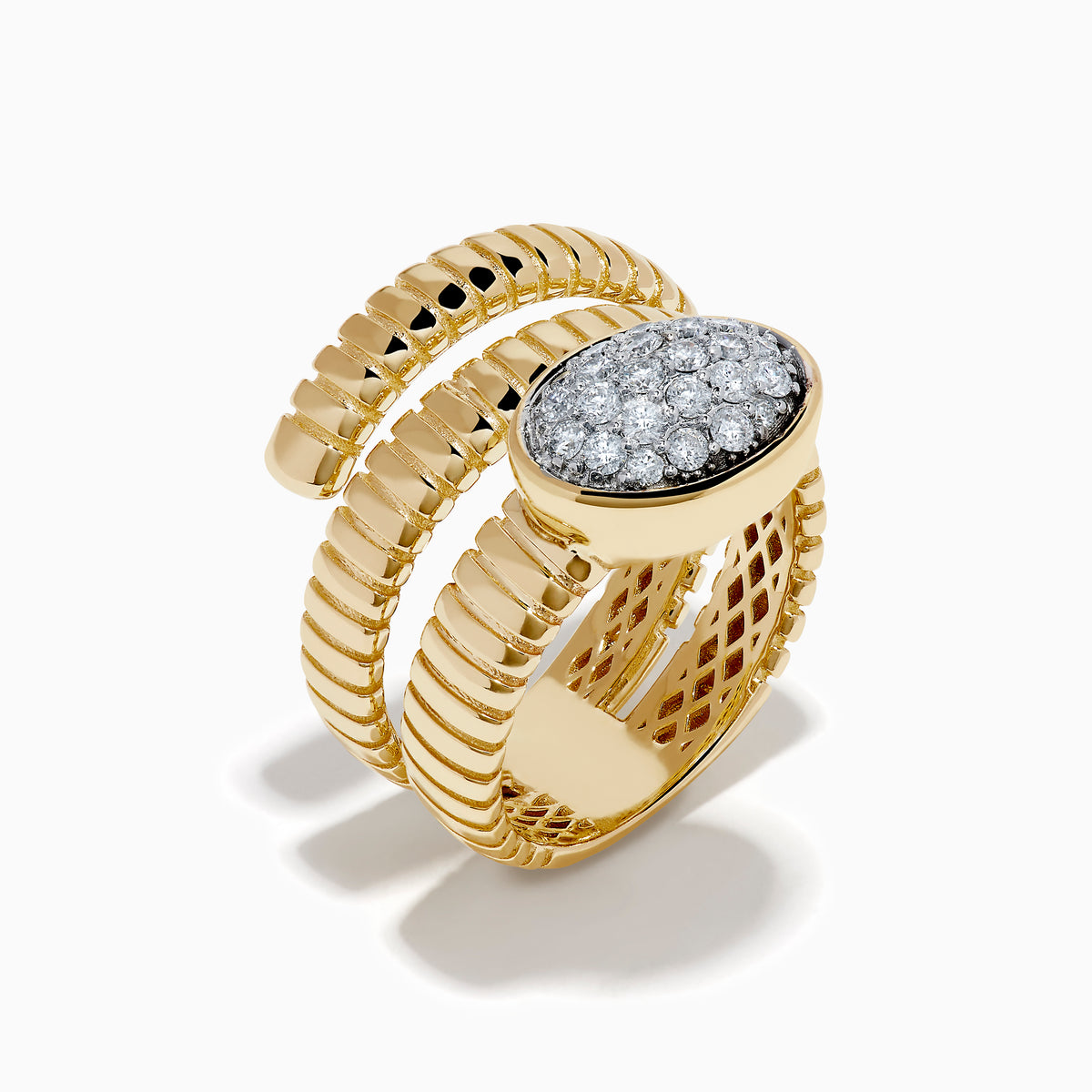 The D'oro 14K Two-Tone Gold Wrap Diamond Ring has a ribbed, coiled design with an oval top set with multiple small diamonds, spiraling upward in three elegant loops against a white background.