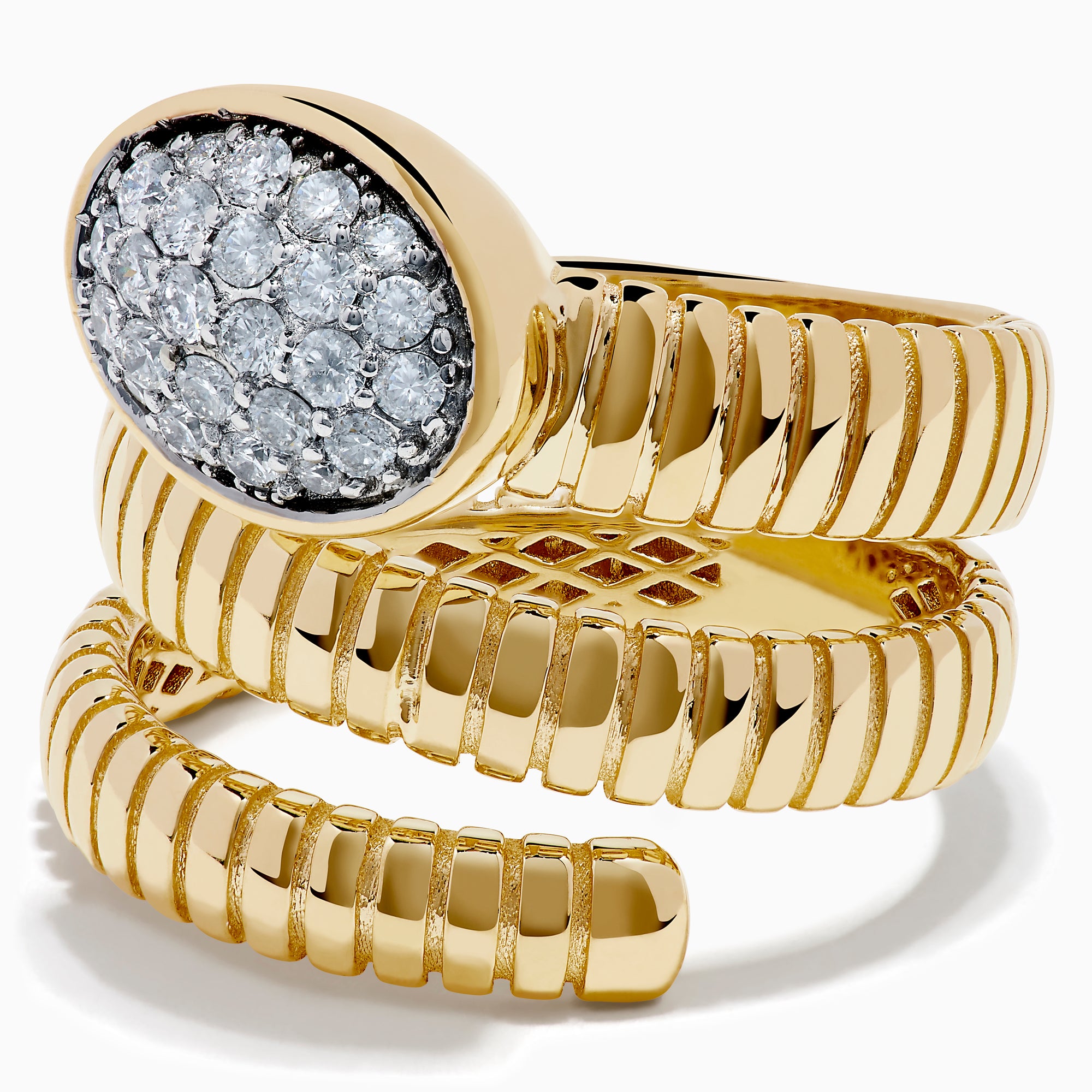 The D'oro 14K Two-Tone Gold Wrap Diamond Ring has a ribbed, coiled design with an oval top set with multiple small diamonds, spiraling upward in three elegant loops against a white background.