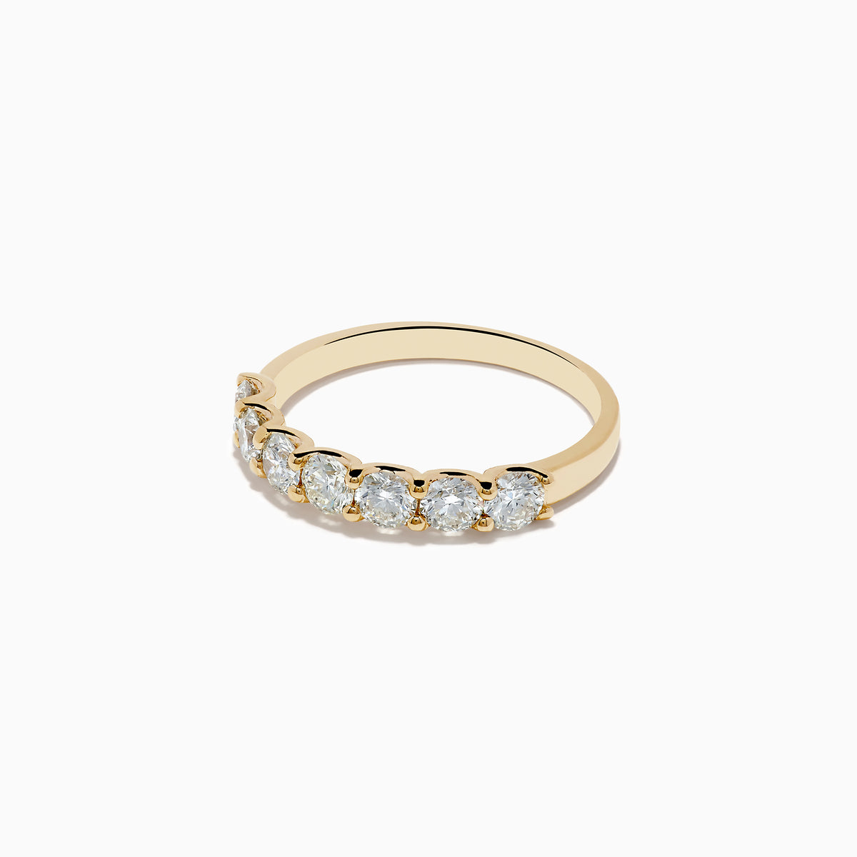 The DOro 14K Yellow Gold Round Brilliant Diamond Band 1.03 TCW showcases a row of sparkling round brilliant diamonds on a sleek yellow gold band, displayed against a plain white background.
