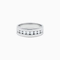 Men's 14K White Gold Channel Set Diamond Band featuring a row of round, clear diamonds elegantly set across the front, showcased on a plain white background.