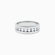Men's 14K White Gold Channel Set Diamond Band featuring a row of round, clear diamonds elegantly set across the front, showcased on a plain white background.
