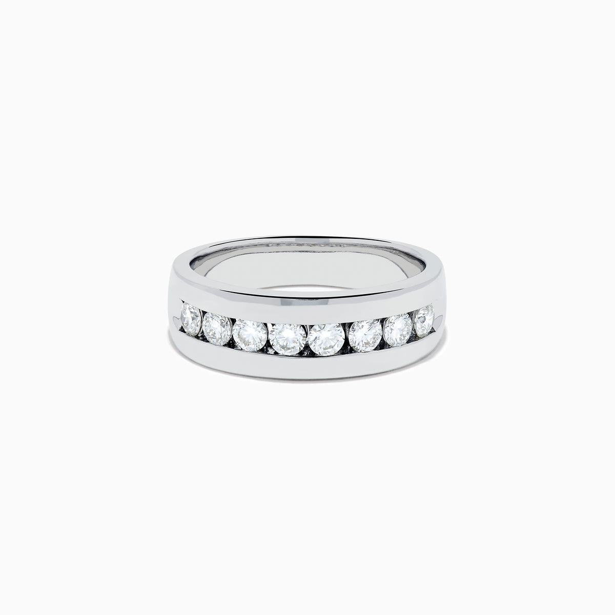 Men's 14K White Gold Channel Set Diamond Band featuring a row of round, clear diamonds elegantly set across the front, showcased on a plain white background.