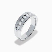 Men's 14K White Gold Channel Set Diamond Band featuring a row of round, clear diamonds elegantly set across the front, showcased on a plain white background.
