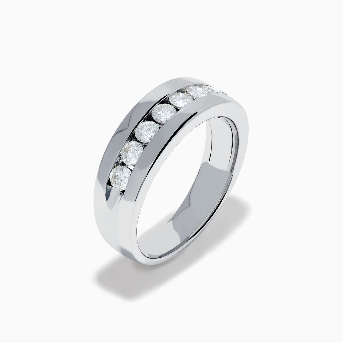Men's 14K White Gold Channel Set Diamond Band featuring a row of round, clear diamonds elegantly set across the front, showcased on a plain white background.