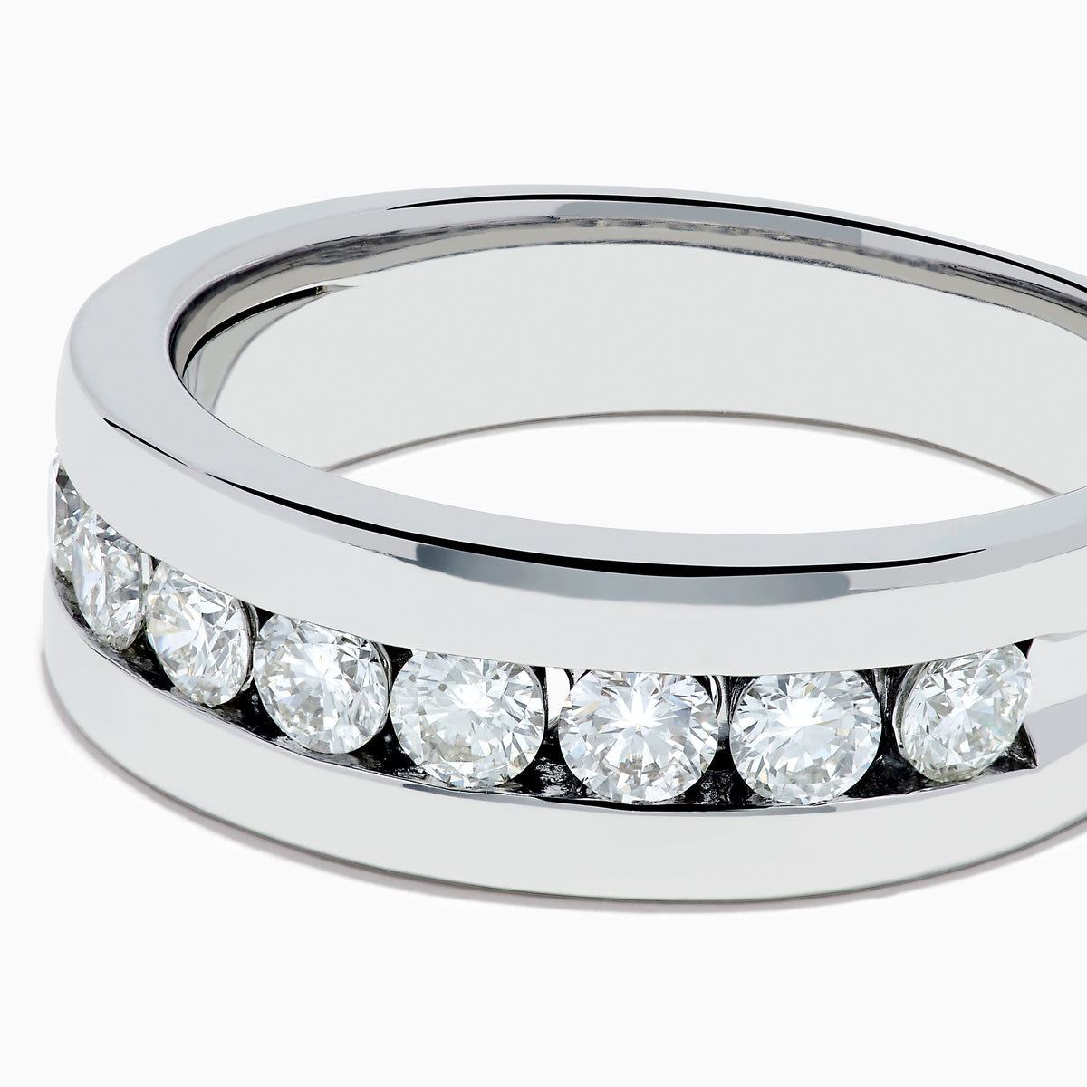 Men's 14K White Gold Channel Set Diamond Band featuring a row of round, clear diamonds elegantly set across the front, showcased on a plain white background.