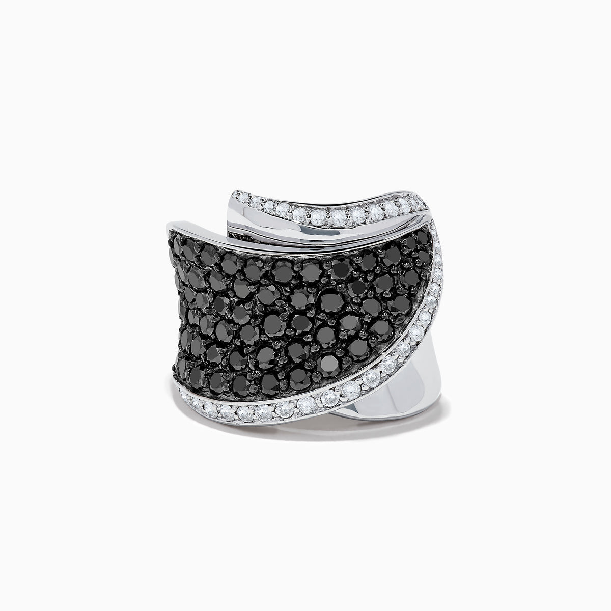 The 14K White Gold Black and White Diamond Ring features a wide, curved design with black and white diamonds at the center, bordered by clear stones along the edges, all set against a white background.