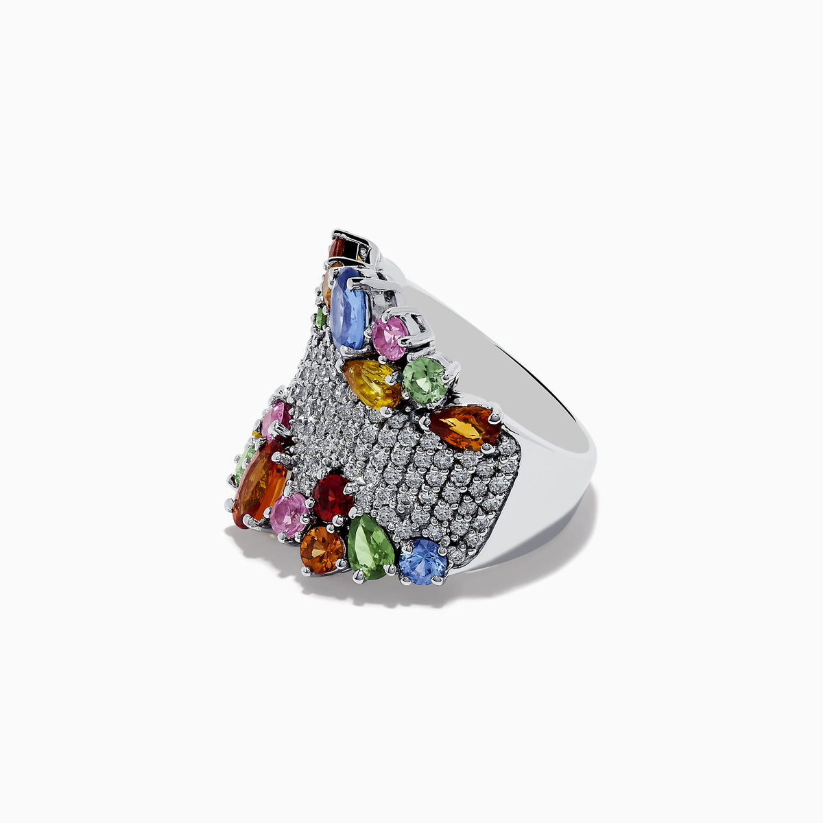 The Watercolors 14K White Gold Multi Sapphire and Diamond Ring features rows of clear diamonds bordered by clusters of vibrant blue, red, green, yellow, orange, and pink oval sapphires.